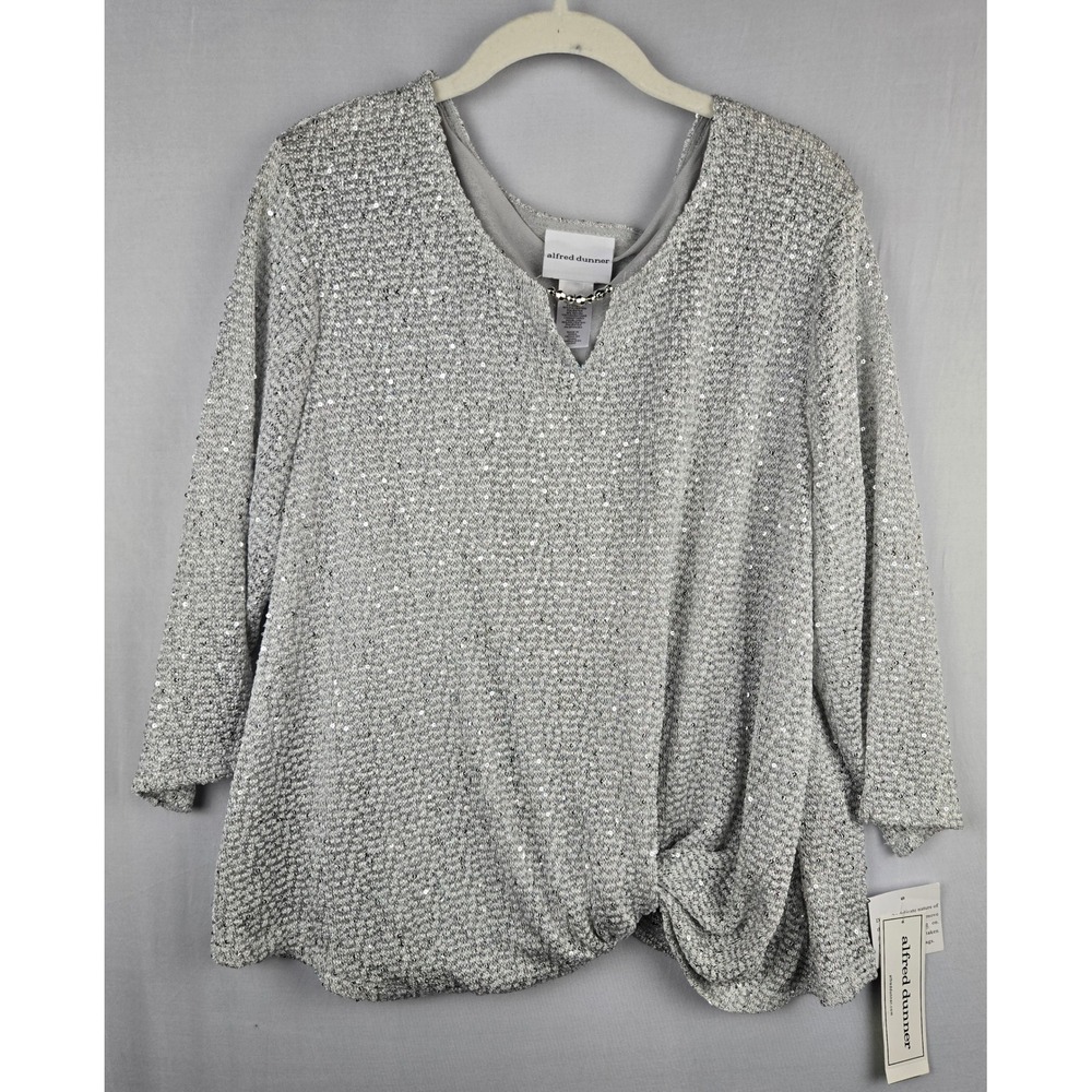 Alfred Dunner Silver Sequin V-Neck Twist Knot Knit Blouse Top Womens Large NWT
